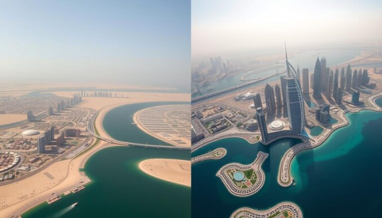 Perbandingan struktur kota Dubai tahun 1990 dan 2023 menunjukkan transformasi dramatis dari desa nelayan menjadi kota modern