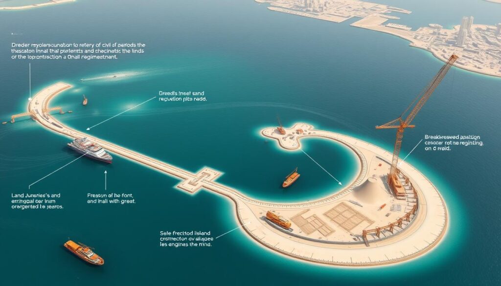 Proses reklamasi laut untuk pembangunan Palm Jumeirah di Dubai